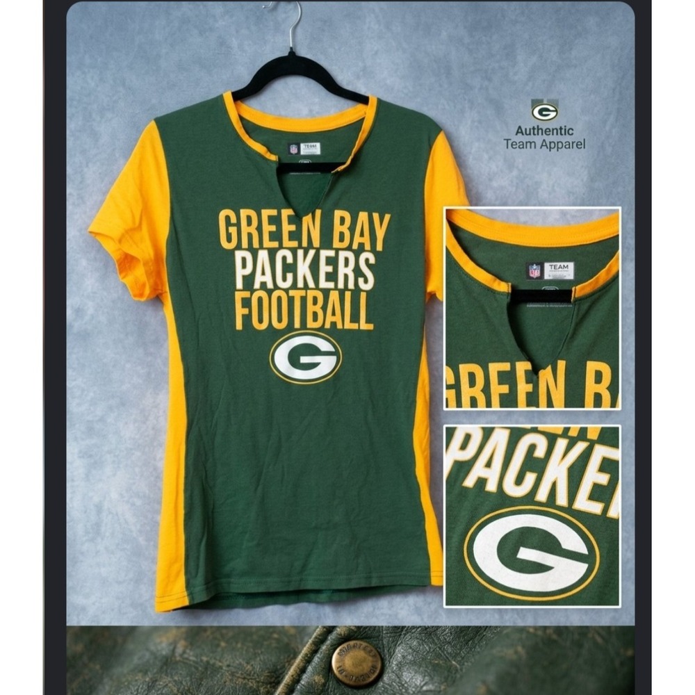 NFL Team Apparel Green Bay Packers Womens Large Green Gold V-Neck T-Shirt Tee